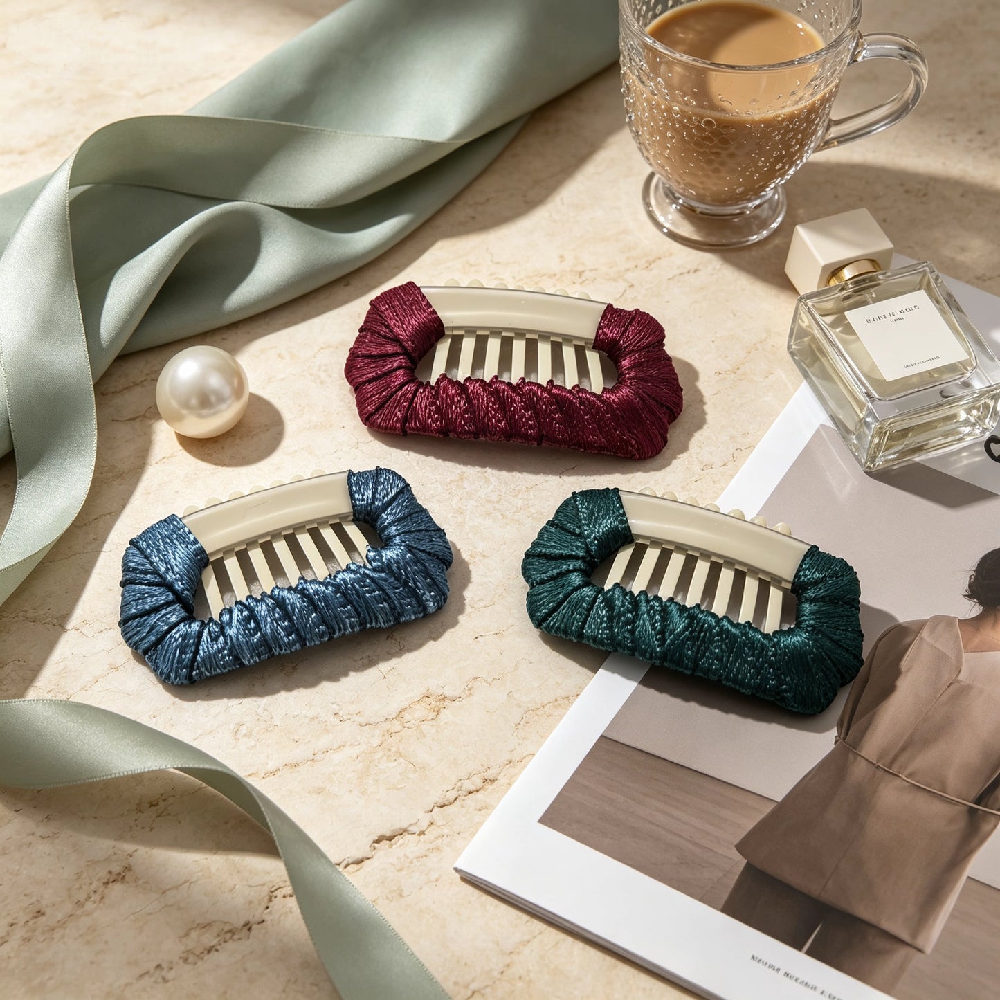 Velvet Hour dog barrettes in Bordeaux, Peacock Blue, and Turquoise Mist for Shih Tzu, Maltese, and Yorkie styling.
