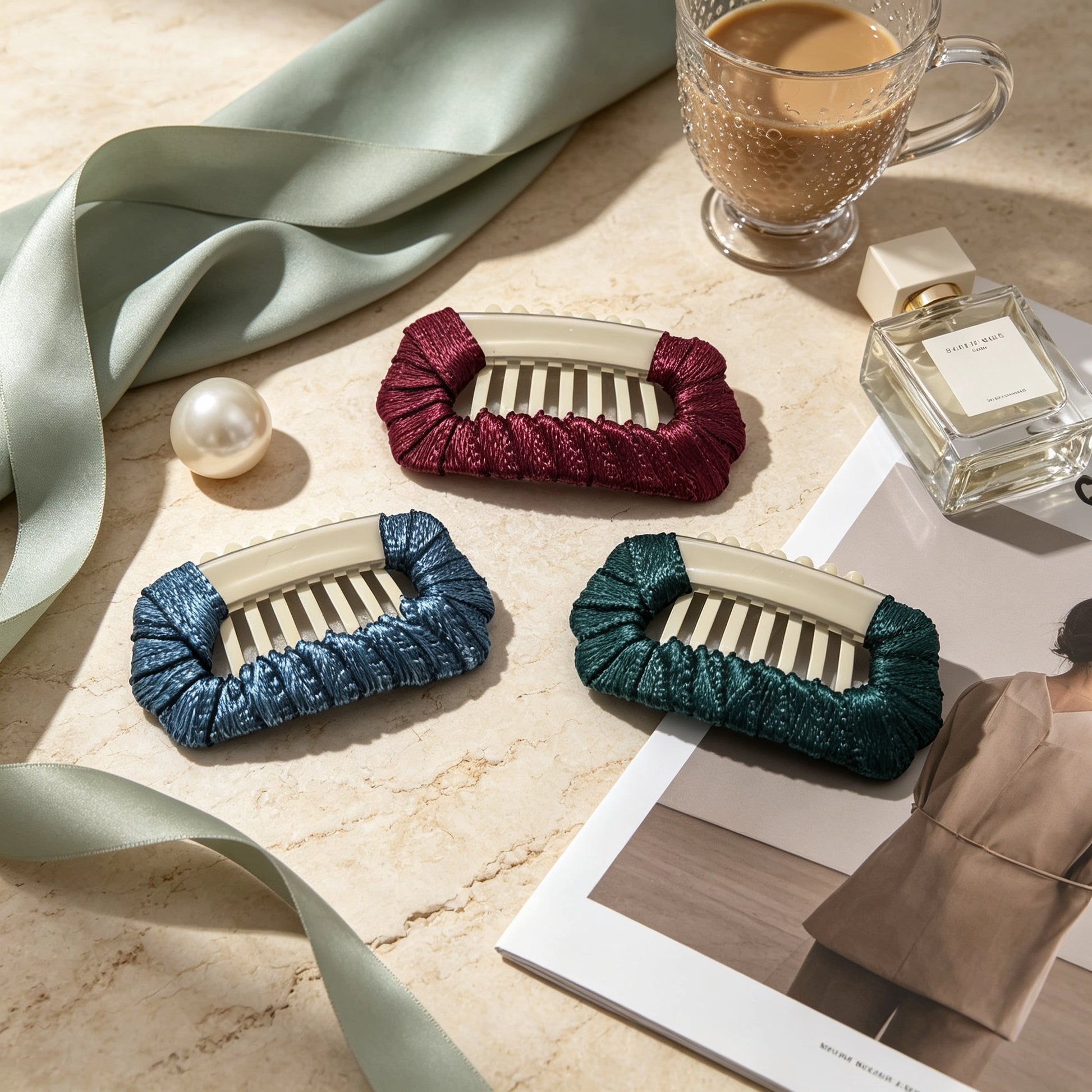 Velvet Hour dog barrettes in Bordeaux, Peacock Blue, and Turquoise Mist for Shih Tzu, Maltese, and Yorkie styling.