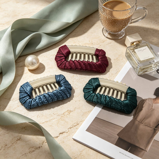 Velvet Hour dog barrettes in Bordeaux, Peacock Blue, and Turquoise Mist for Shih Tzu, Maltese, and Yorkie styling.