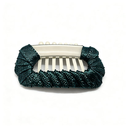 Turquoise Mist Velvet Hour dog barrette, a soft turquoise velvet hair clip for elegant Yorkie face-framing styling.