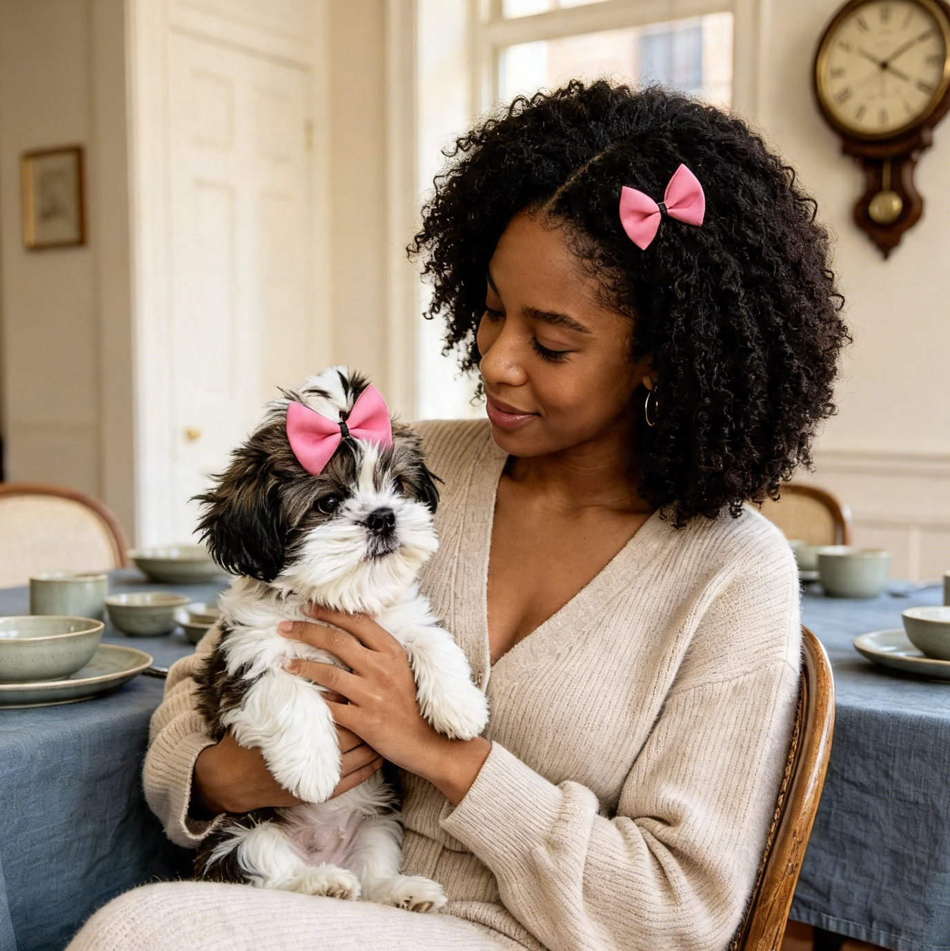 A woman and her Shih Tzu puppy wearing matching Raspberry Pink bow clips in a soft indoor lifestyle setting.