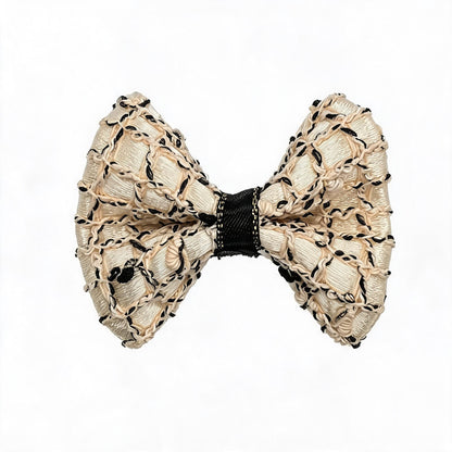 Champagne Beige Woven Mesh dog hair bow front view, showing the variegated beige woven texture.