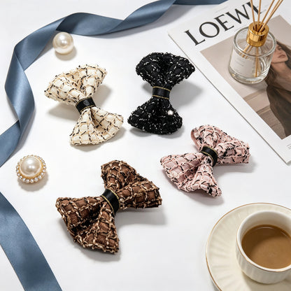 Woven Mesh dog hair bows in Rich Latte Brown, Champagne Beige, Dusty Blush Pink, and Classic Onyx Black for Shih Tzu, Maltese, and Yorkie styling.