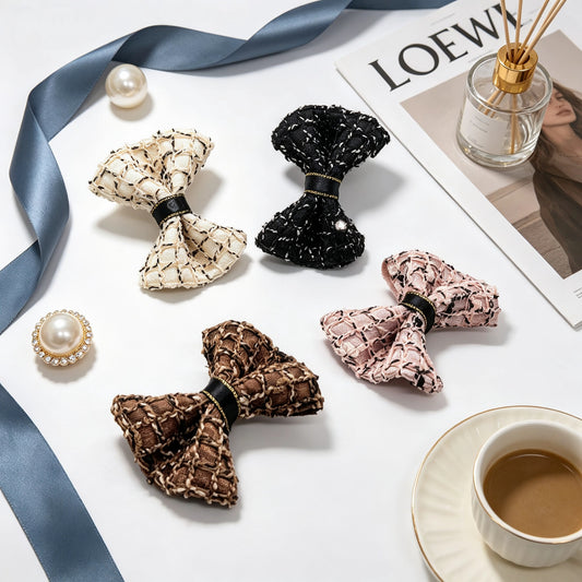 Woven Mesh dog hair bows in Rich Latte Brown, Champagne Beige, Dusty Blush Pink, and Classic Onyx Black for Shih Tzu, Maltese, and Yorkie styling.